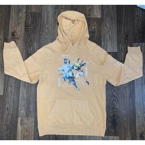 Naruto Shippuden Hoodie Anime Spellout Logo Beige Men Size L Y2K Sweatshirt Flaw